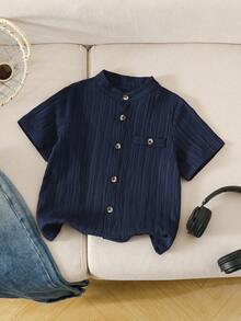 Sparklyn 男童纯色单排扣宽松休闲衬衫，短袖夏季休闲时尚韩版蓝色衬衫 - 藏蓝色 - 查看 5