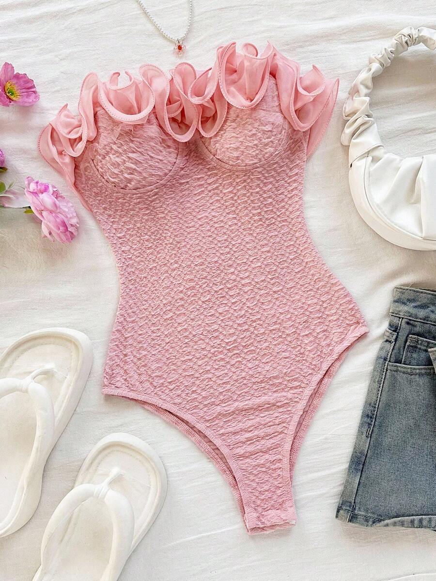 Soleia 女式荷叶边露背连体衣，适合派对、节日、约会、下午茶、度假、音乐节、海滩、夏季服装、波西米亚风、度假、钩针编织、亚麻布 - 粉色 - 查看 1