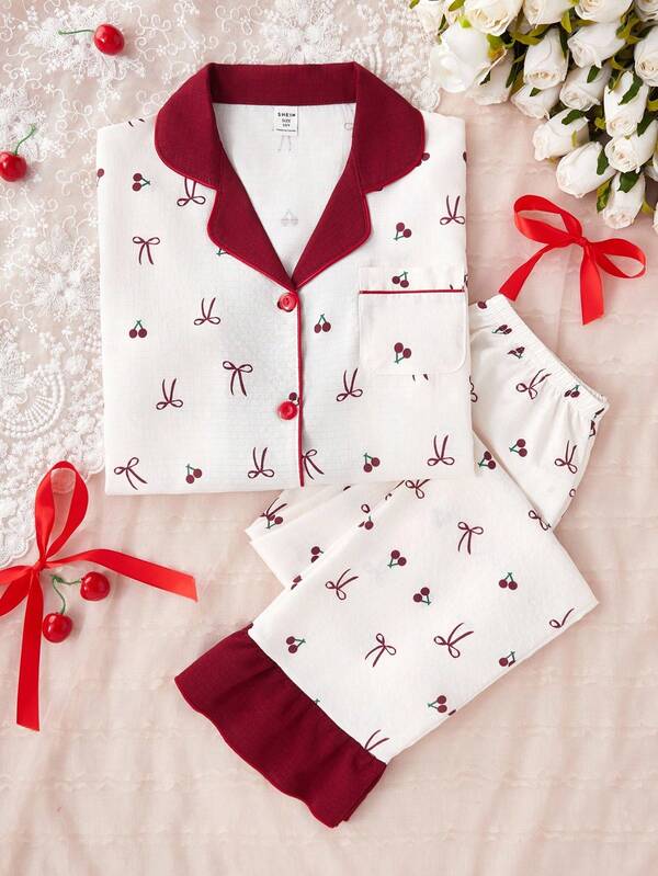 Set 2 buc cardigan și pantaloni cu mânecă lungă, imprimeu drăguț cu cireșe și funde pentru fete, lenjerie de casă casual și confortabilă