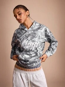 SHEIN 女士全印花落肩休闲宽松卫衣 - 灰色 - 查看 1