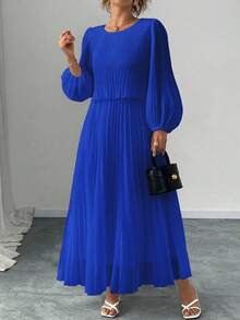 Elenzga 大码白色珍珠雪纺长袖连衣裙 - 寶藍色 - 查看 2