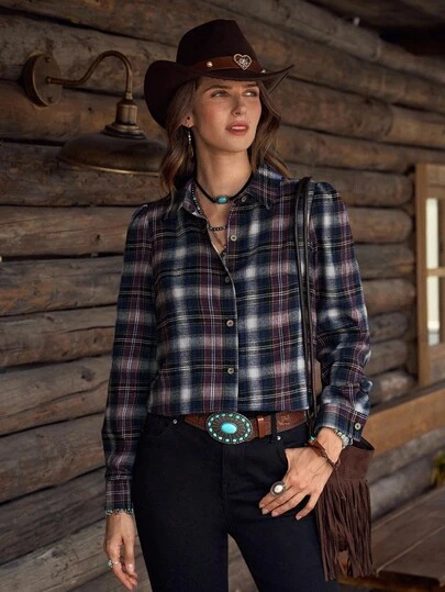 LanaWest Lana West Women's Vintage Western Casual Plaid Long Sleeve Shirt, Purple