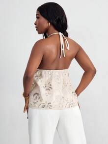 SHEIN PETITE CURVE Top sin mangas con cuello halter y lazo en la espalda, de estilo casual y versátil para el verano para mujeres - Multicolor - Ver 2