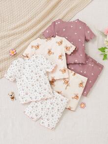 SHEIN 6 piezas Conjunto de pijama de verano para bebé niña con estampado de fresa, cuello redondo, manga corta, pantalón corto, de punto, suave y transpirable. Conjunto de pijama para bebé recién nacido. 4 piezas Conjunto de pijama casual para bebé niña con estampado sólido y de colores neutros, ropa de bebé unisex. - Multicolor - Ver 2