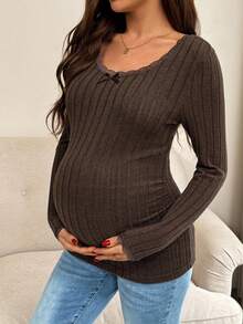 SHEIN 孕妇装女款纯色简约日常蕾丝领长袖T恤