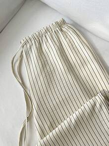 Elamini Petite 1 条女式黄色条纹休闲裤，泡泡褶面料，超低腰带抽绳，宽松直筒裤，休闲浪漫 - 黃色 - 查看 3