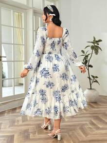 Soleia Plus Size Women Vintage Blue & White Floral Print Long Sleeve Elastic Waist Maxi Dress, Vacation - Blue and White - View 2