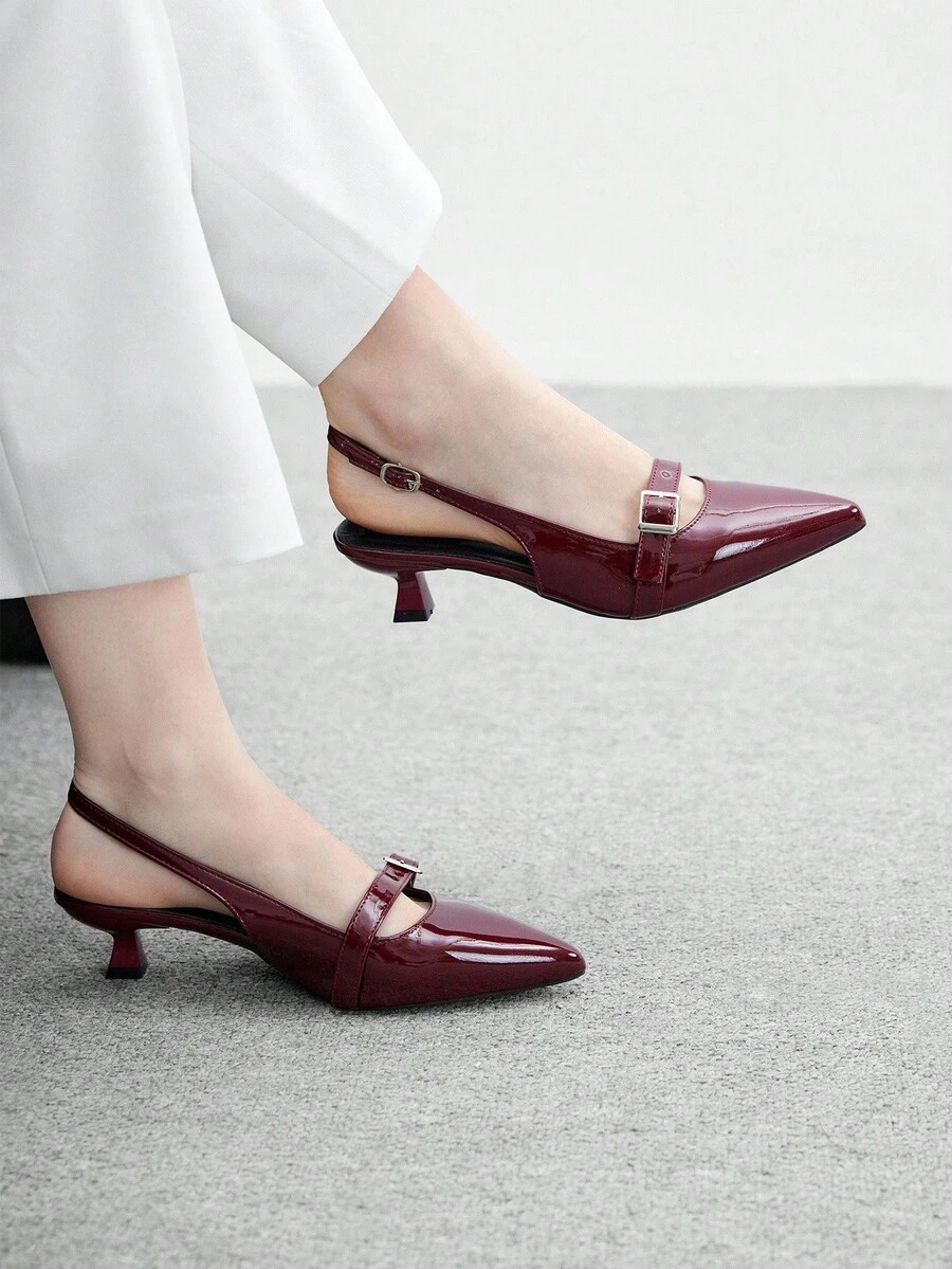 CUCCOO BIZCHIC Pointed Toe Kitten Heel Burgundy Women's Fashion Backless Low Heel Pumps, Versatile For Daily Wear And Commuting