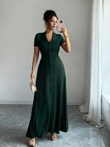 Elenzga Đầm Maxi Tay Ngắn Thắt Nơ Lưng Chữ A Lưng Cao Màu Nâu Thanh Lịch Cho Nữ - Màu xanh lá cây đậm - Xem 3