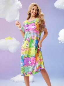 SweetSlumber X Carebears 女士休闲可爱卡通熊印花短袖睡衣连衣裙，夏季蓬松睡衣卡哇伊连衣裙，冬季舒适保暖，哞哞睡裙