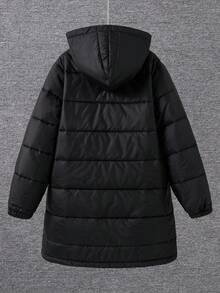 SHEIN Back-To-School Boys' Black Winter Parka Coat,Smart School Thick Hooded Mid-Length Jacket For Tween Kids,Casual Sports Patched Ribbon Woven Outerwear - Black - View 3