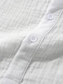 Manfinity Homme High Quality 100% Cotton Men's Solid Color Shirt, Stand-Up Collar Casual Short Sleeve Half Placket Button Shirt Pocket PU Embellishment, Suitable For Summer, Suitable For Daily Wear, Suitable For Father's Day Gift Polo Shirts For Men Men Clothing Men Shirts, Men White Top, Men S White And Gold Short Sleeve, Beach Clothes For Men White Cream - White - View 5