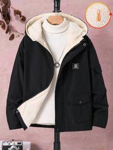 SHEIN Tween Boy Letter Graphic Zip-Up Fleece Hoodie Jacket, Boys Sherpa Lined Jacket, Boys Black Winter Jacket Fall - Black - View 2