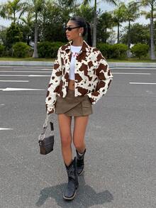 SHEIN EZwear Brown Vintage Retro Casual Short Jacket For Women, Versatile Outerwear With Cowboy/Western Vibe, Y2K 2000s Street Style, Grunge And Punk Fashion,Fall