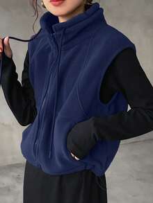 FRIFUL 女士休闲纯色无袖夹克，适合秋冬背心 - 藏蓝色 - 查看 4