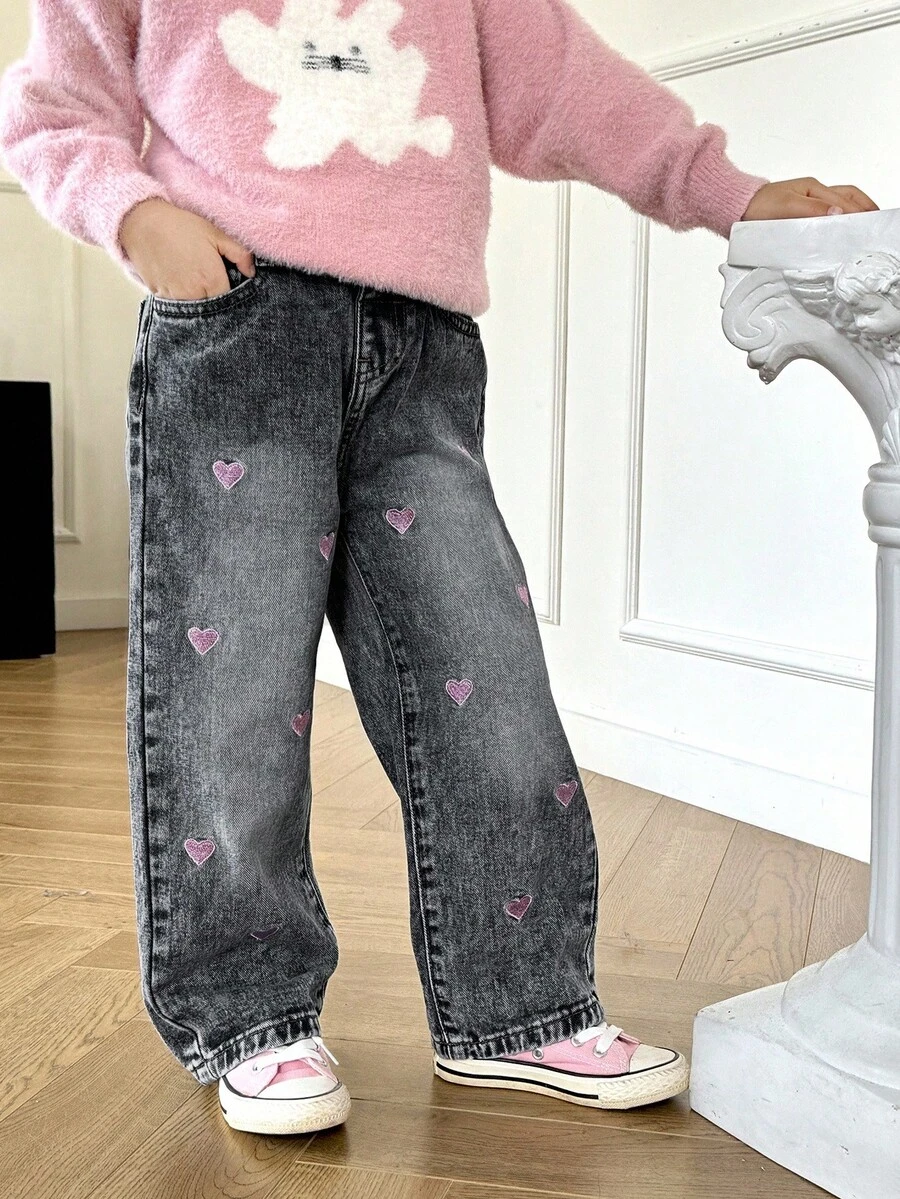 SHEIN Explorewe Girls' Fashionable Casual Heart Embroidery Loose Straight Leg Jeans Fall Winter Girls Heart Jeans Girls Embroidered Jeans - Black - View 1
