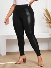 Miaspire Plus Size Women's PU Leather Splice Leggings,Fall Clothes,Spring/Summer/Vacation - Black - View 1