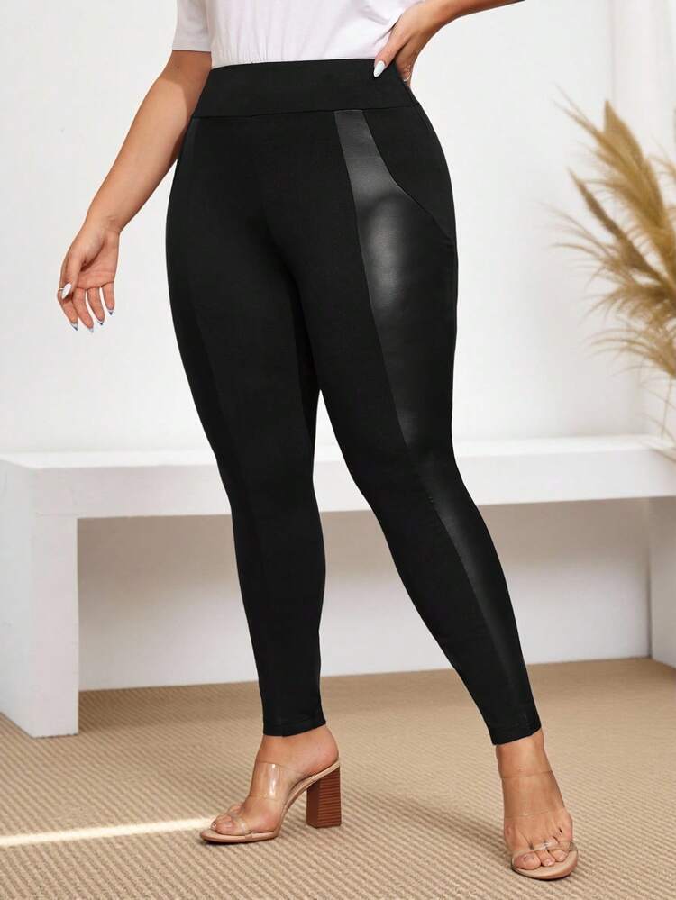 Plus Size Women's PU Leather Splice Leggings,Fall Clothes,Spring/Summer/Vacation