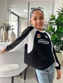 SHEIN 青少年女孩复古街头风格运动卫衣，休闲时尚，适合秋冬季日常穿着 - 黑與白 - 查看 5