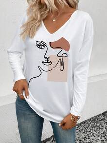 EMERY ROSE Camiseta casual versátil de mujer con cuello en V, manga larga y estampado de retrato geométrico, un éxito de en otoño/invierno - Blanco - Ver 3