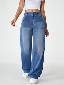 Flexra جينز كاجوال بجيوب وقصة مستقيمة فضفاضة للنساء - أزرق متوسط - مشاهدة 6