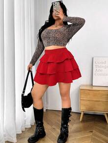 SHEIN PETITE CURVE 大码女式纯色百褶裙，休闲日常穿着 - 紅色 - 查看 3