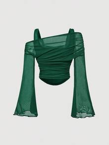 SHEIN MOD 深绿色露肩网眼二合一喇叭袖长袖女式上衣，西部风，复古风，70 年代风，单身女郎风 - 墨綠色 - 查看 2