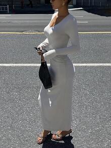 DAZY Vestido de mujer de unicolor con cuello en V y pliegues, de longitud media, para otoño - Gris - Ver 4