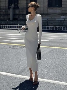 DAZY Vestido de mujer de unicolor con cuello en V y pliegues, de longitud media, para otoño - Gris - Ver 6