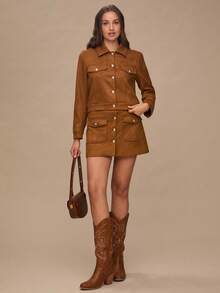 Enchnt Women's Brown And Gold Single-Breasted Cargo Pocket Mini Skirt,Elegant Fashionable Autumn Fall Clothes For Daily Commute,Date,Holiday,Office& - Brown - View 3