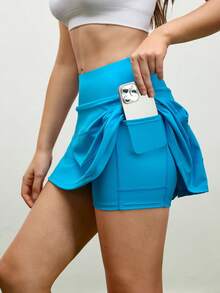 SHEIN Unity 女式纯色高腰休闲健身运动短裙，带口袋 - 藍色 - 查看 5