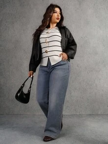 Elaquor Plus Size Women Metal Sun Decor Round Neck Striped Casual Knit Vest Plus Size Sleeveless Tops Plus Size Tank Tops, Casual Outfit For Women, White Tops, Winter Tops For Women