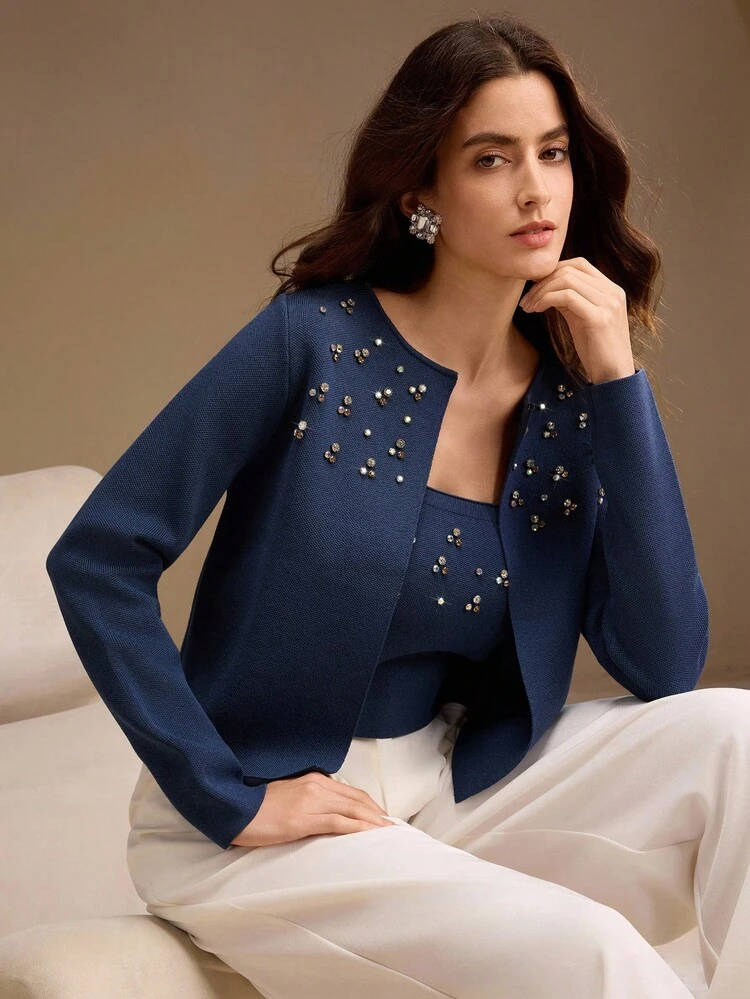 CASACO DE TRICÔ COM CONTAS E STRASS Outono, Inverno, Saída, Elegante, Formal, Chique, Ano Novo, Natal, Trabalho, Formatura, Roupas de Inverno para Mulheres, Negócios