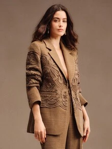 Anewsta Elegant Office Commute Floral Patchwork Loose Fit Blazer Jacket For Women, Autumn/Winter