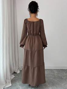 Rafferiza Almamuse 女士优雅休闲方领短款泡泡袖纯色长款吊带连衣裙，适合春秋季日常休闲、度假和婚礼，休闲可爱性感西式服装，完美适合乡村音乐会服装 - 咖啡棕 - 查看 2