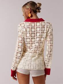 SHEIN Forever 21 休闲夏季茶会海滩度假秋冬季撞色滚边毛衣 - 紅色 - 查看 2