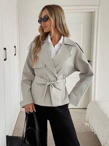 SHEIN LUNE Cappotto da donna grigio chiaro minimalista con revers, spalline e fiocco in vita, elegante giacca formale da ufficio per autunno e inverno, chic colore unito - Grigio - Visualizzare 5