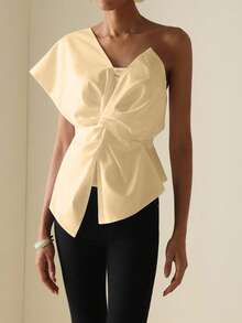 Vesra Bluzka damska w jednolitym kolorze z węzłem w talii i modnym wzorem - Kolor khaki - Zobacz 3