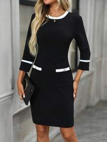 EMERY ROSE Vestido feminino elegante para trabalho com acabamento em blocos de cores e comprimento médio