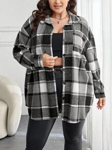 SHEIN Essnce Plus Size Women Plaid Drop Shoulder Long Sleeve Pocket Casual Shirt, Autumn Fall - Grey - View 4