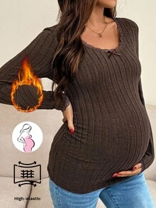 SHEIN 孕妇装女款纯色简约日常蕾丝领长袖T恤