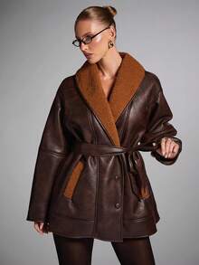 SHEIN BAE Women's Casual Shawl Collar Drop Shoulder Long Sleeve Faux Fur Jacket, Autumn/Winter,Women's Autumn/Winter New Faux Fur Lined, Leather Jacket, Brown Jacket Women - Coffee Brown - View 4