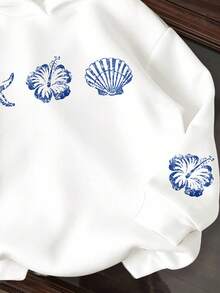 休闲海滩度假风格，芙蓉花，火焰花热带花卉，青少年女孩休闲宽松圆领舒适长袖运动衫，适合秋冬季 - 彩色 - 查看 3