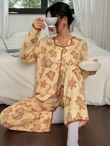 SHEIN Christmas Theme Snowflake Gingerbread Man Print Long Sleeve Top & Pants Casual Women Pajama Set, Fall Winter Clothes - Yellow - View 7