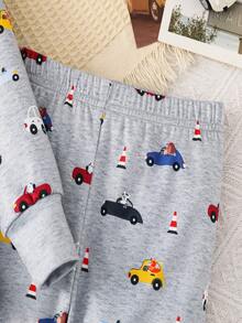 SHEIN 两件套男童修身汽车图案圆领长袖T恤和柔软舒适的睡裤套装，秋冬季，冬季套装，冬季服装，秋季穿搭，秋季服装，儿童服装 - 淺灰色 - 查看 5