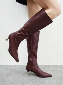 CUCCOO BIZCHIC 女士时尚尖头勃艮第酒红色简约优雅百搭侧拉链细高跟及膝靴 - 酒紅色 - 查看 8