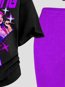 SHEIN Leap Crew 青少年女孩休闲时尚可爱动漫图案短袖上衣和裤子两件套，夏季 - 白色 - 查看 6