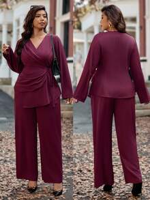 Vionelle 大码女士休闲优雅服装，采用纯色交叉领带衬衫和松紧腰裤，适合工作、旅行和休闲，春/秋/冬 - 中紫紅色 - 查看 5