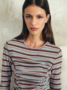 Nöista Brown Striped Long-Sleeve Top With Ruched Sides And Adjustable Drawstrings, Featuring A Fitted Silhouette That Makes It Perfect For Chic And Elegant Casual Wear, Ideal For Winter, Christmas-Season Styling And Modern New Year Looks. - Pink - View 6