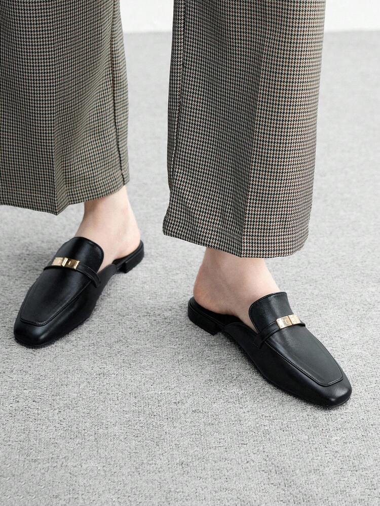 CUCCOO BIZCHIC Mocasines planos negros cómodos y versátiles de uso diario con punta cuadrada para mujer